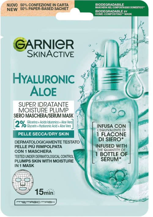 Een gezichtsbeoordelmast van Garnier SkinActive met hyaluronzuur en aloë, belooft vocht, hydratatie en kalmerende effecten voor de huid.