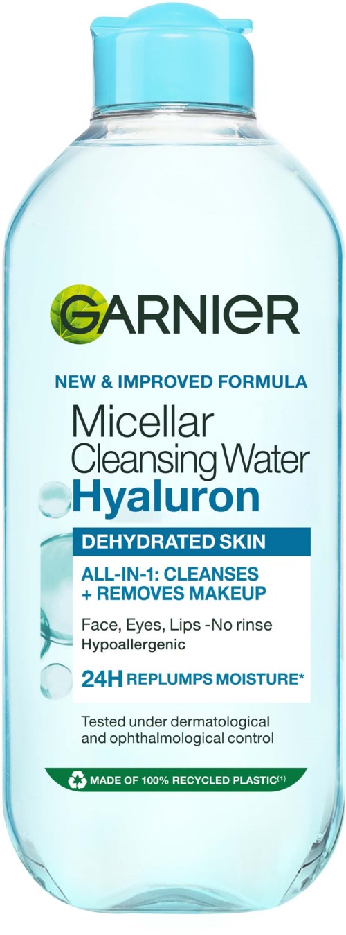 Garnier micellar cleansing water for dehydrated skin with hyaluronic acid, removes makeup, moistens skin, no rinse needed.