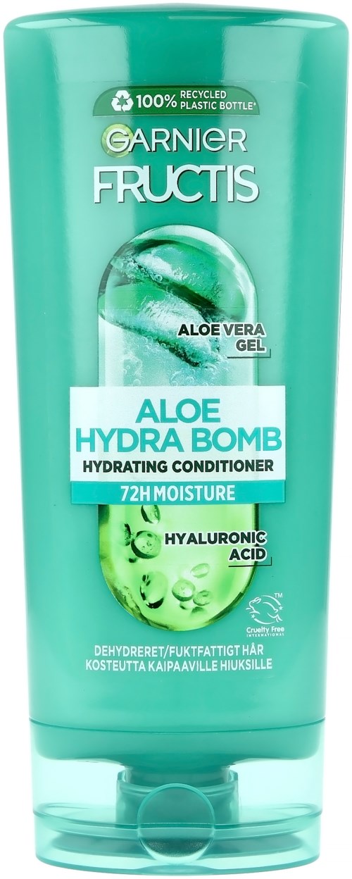 Groene fles Garnier Fructis Aloe Hydra Bomb gel voor hydraterend haar, bevat aloë vera en hyaluronzuur.