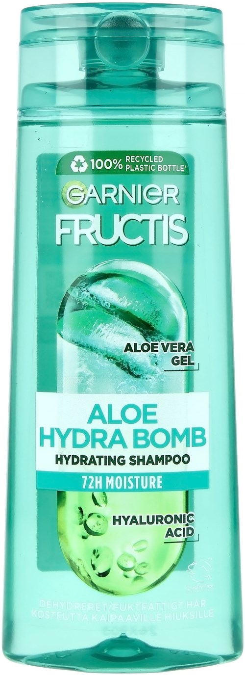 Przezroczysta zielona butelka szamponu Garnier Fructis Aloe Hydra Bomb z oznaką aloesu i kwasu hialuronowego.