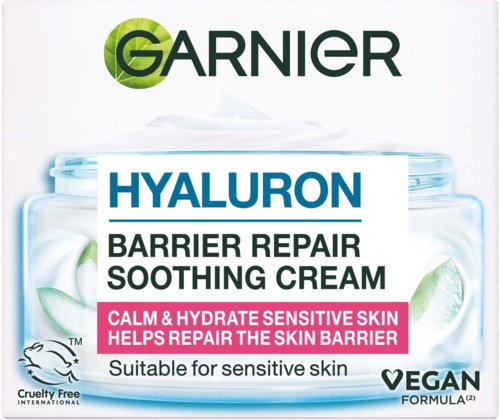 Garnier Hyaluron Barrier Repair Soothing Cream voor gevoelige huid, cruelty-free, veganistisch, kalmt en hydrateert de huid.