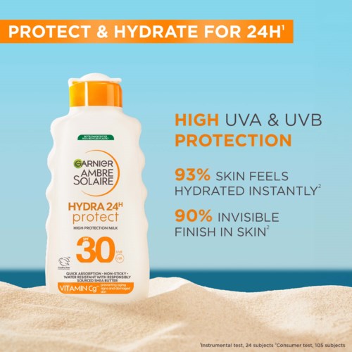 Zonnebrandfles met label 'Garnier Ambre Solaire Hydra 24h Protect', biedt hoge UVA en UVB bescherming met SPF 30.