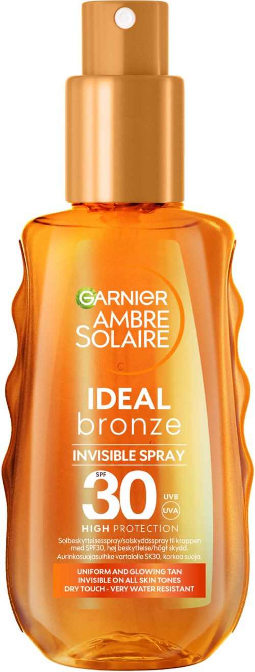 Oranje sprayfles met gouden dop, Garnier Ambre Solaire label, ideal bronze, SPF 30, voor zonbescherming.