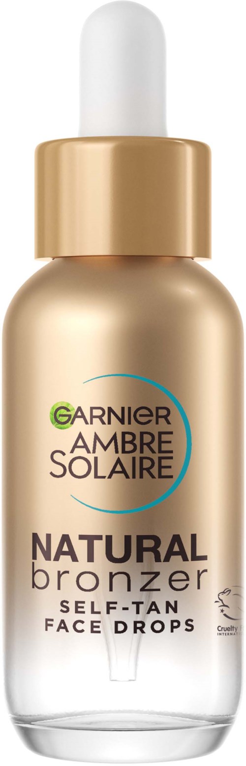 Gouden druppelflesje met witte dop, gelabeld als Garnier Ambre Solaire Natural Bronzer gezichtsdruppels.