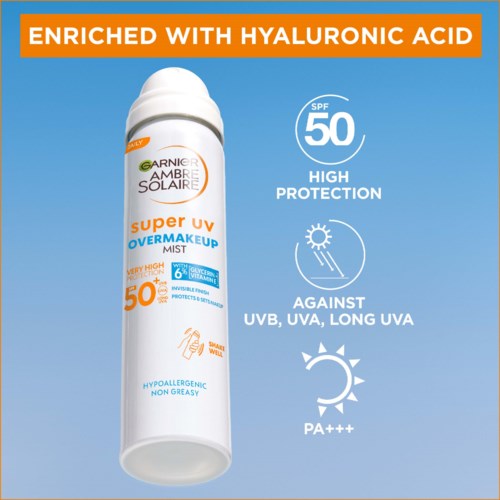 En solskyddsspray med SP50, hög skyddsnivå, och påstår sig vara hypoallergen och icke-blingande.