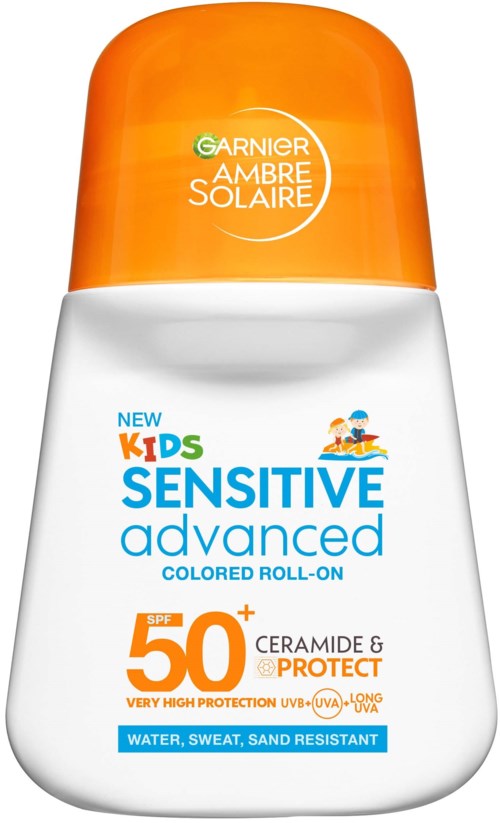 A white roll-on bottle with orange cap, labeled for kids, sensitive skin, SPF 50+, water and sand resistant.