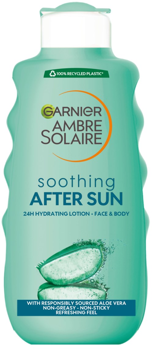 Grüne Flasche mit Etikett, Aloe Vera, beruhigende After Sun Lotion, feuchtigkeitsspendend für Gesicht und Körper, recycelter Kunststoff.