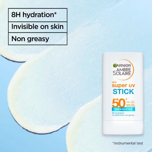 Zonkstick met 8 uur hydratatie, onzichtbaar op huid, niet vet, SPF 50, met sheaboter. Product in witte tube.