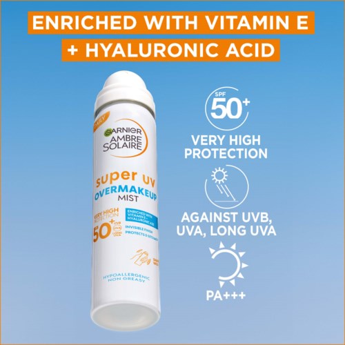 A sunscreen spray with Vitamin E and hyaluronic acid offering SPF 50+ protection, high UVA/UVB defense, and PA+++.