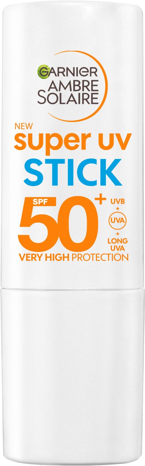 Een witte zonnebrandstift met oranje en blauwe tekst, met SPF 50, hoge bescherming en UV-bescherming.