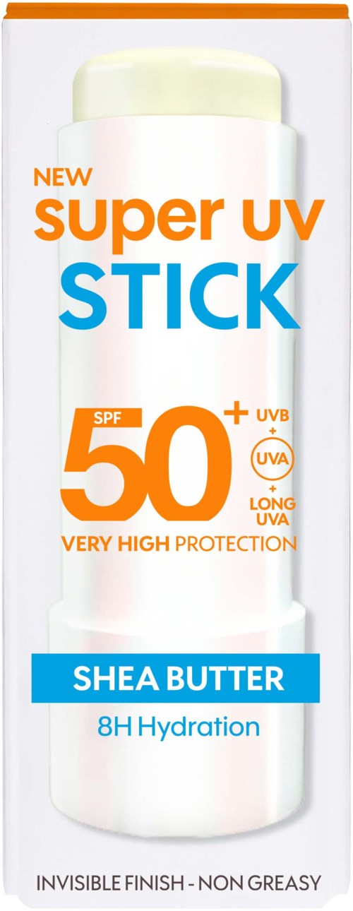 Zonnebrandstift met SPF 50, sheaboter, hoge bescherming. Biedt 8 uur hydratatie en is niet vettig.