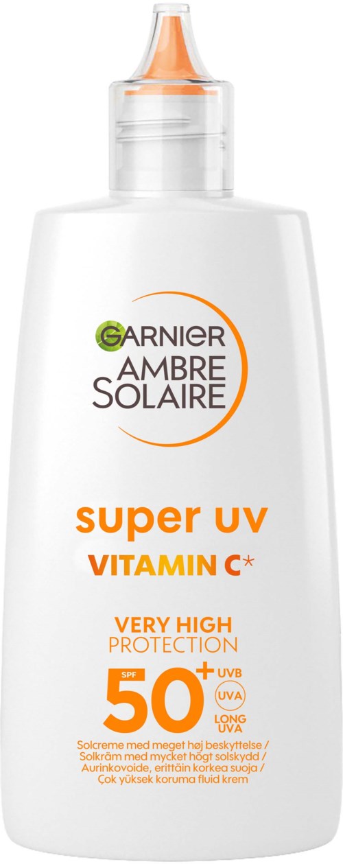 Garnier Ambre Solaire super UV Vitamin C zonnebrandsfles, SPF 50, hoge bescherming, met oranje en wit ontwerp.