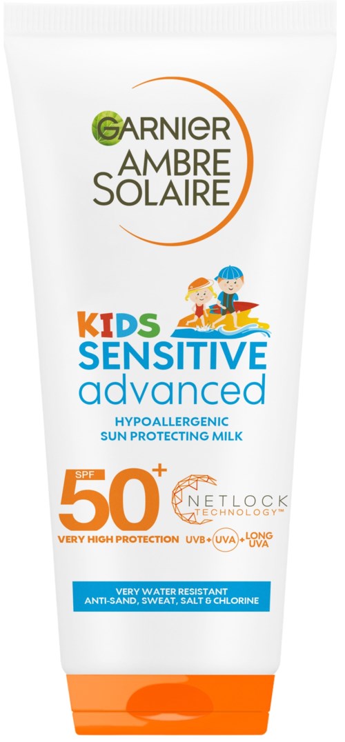 Garnier Ambre Solaire Kinder-Sonnencreme, SPF 50+, für empfindliche Haut, wasserfest, mit UV-Schutz.