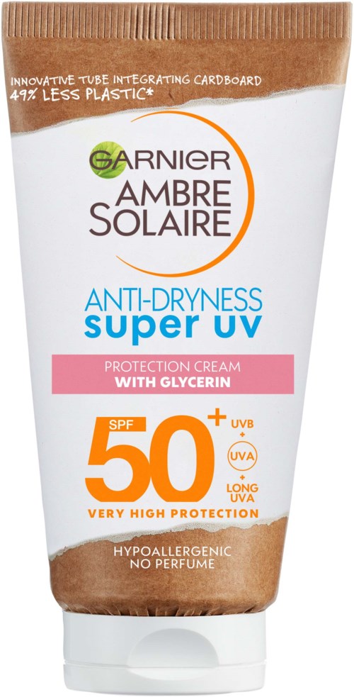 Auringonsuojavoide SPF 50, GARNIER Ambre Solaire, ehkäisee kuivumista, sisältää glyseriiniä, pitkä UV-suoja, ei hajustetta ja hypoallergeeninen.