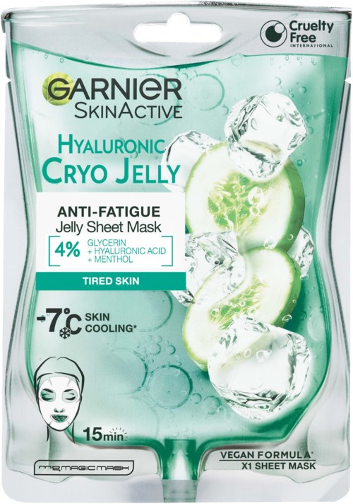 Garnier SkinActive hyaluronic cryo jelly sheet mask with cucumber slices, anti-fatigue, cooling effect, vegan formula, 15-minute use.
