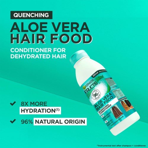 En turkis bakgrunn med en hvit flaske med aloe vera hårmatting, fet tekst som fremhever fordelene og to avkrysningssjekker.