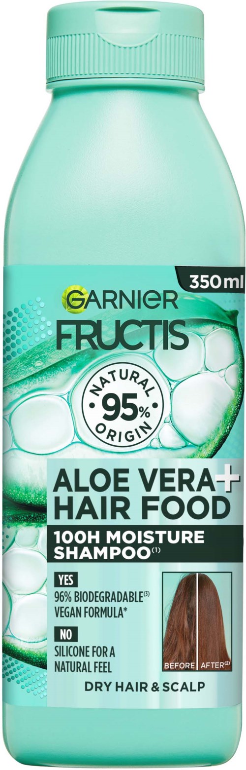 Lichtgroene shampoo fles met label met aloë vera en haarverzorging. Tekst zegt dat het voor droog haar en hoofdhuid is.