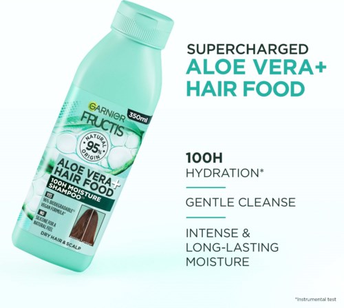 Etiket voor aloë vera haarverzorgingsshampoo met voordelen zoals hydratatie, zachte reiniging en langdurige vochtigheid.