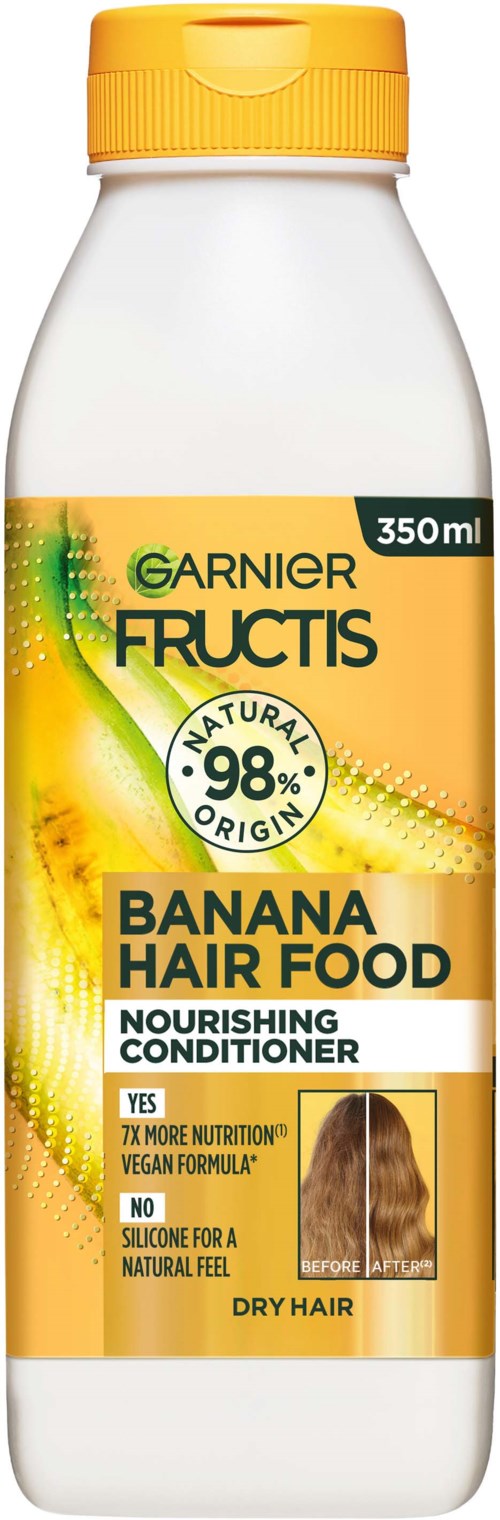 Een fles van 350 ml Garnier Fructis Banana Hair Food conditioner voor droog haar, met geel en groen label en dop.