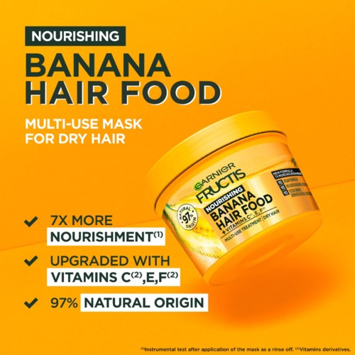 Een fel oranje verpakking met bananen haarverzorgingsmasker, met productinformatie en voordelen.