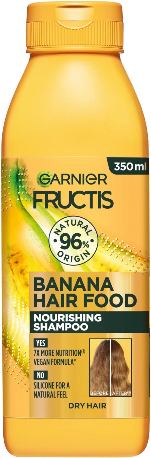 350 ml żółta butelka Garnier Fructis Banana Hair Food odżywczego szamponu do suchych włosów z naturalnymi składnikami.