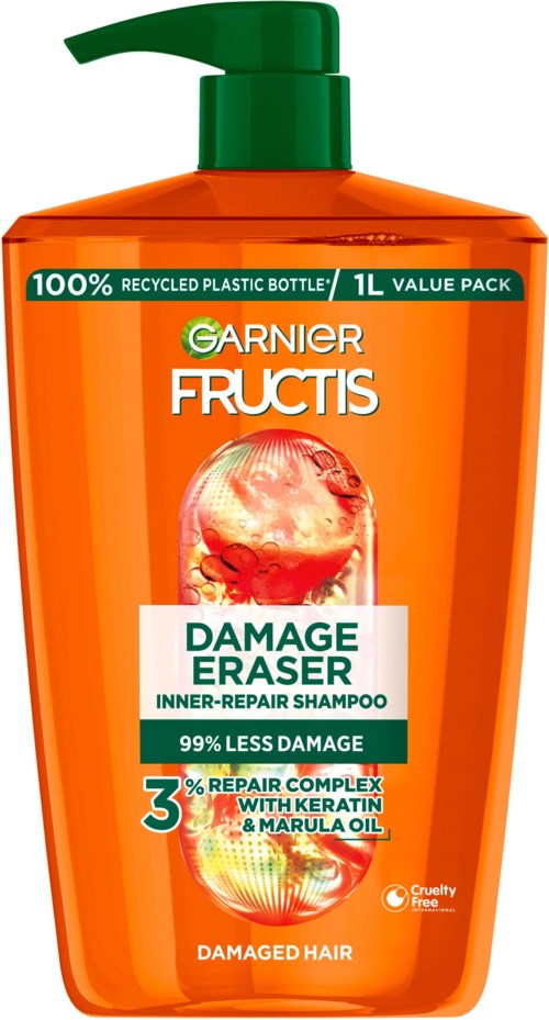 Orange shampoo bottle with a green pump, labeled Garnier Fructis Damage Eraser for damaged hair, 1 liter size.