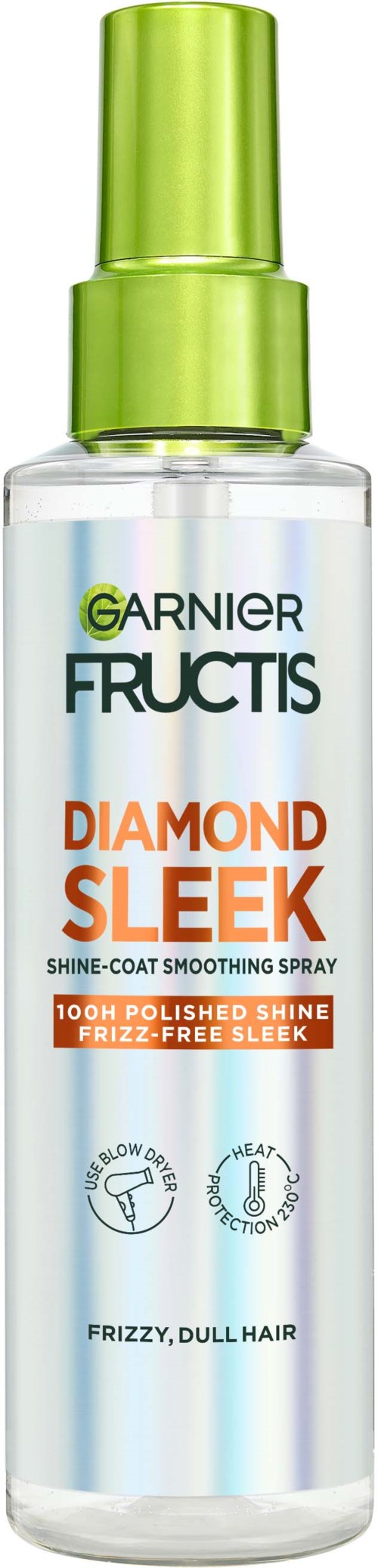 En sprayflaska med grön topp, genomskinlig kropp och etikett för Garnier Fructis Diamond Sleek hårspray.
