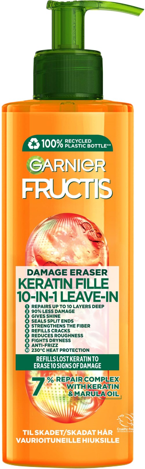 Orange bottle with a green pump, labeled Garnier Fructis damage eraser for hair, featuring keratin and marula oil.