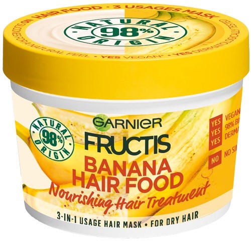 Garnier Fructis bananhårmat behållare för torrt hår med naturliga ingredienser och närande egenskaper.