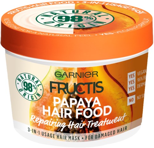 Kierrekorkillinen Garnier Fructis papaya-hiusnaamio, etiketti kertoo luonnollisista ainesosista ja hyödyistä vahingoittuneelle hiukselle.