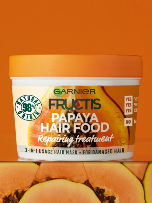 Garnier Fructis Papaya Hair Food, korjaava hoito vaurioituneeseen Hiukseen, 3-in-1 käyttö, hiusmaski, luonnolliset ainesosat.