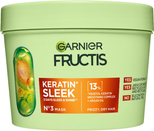 Garnier Fructis Keratin Sleek masker voor kroes, droog haar, met arganolie en keratine, 13% actieve stof, veganistisch.