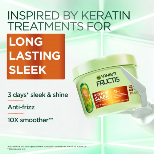 Garnier Fructis Keratin Sleek haarmasker belooft langdurige glans, gladheid en anti-frizz in 3 dagen.