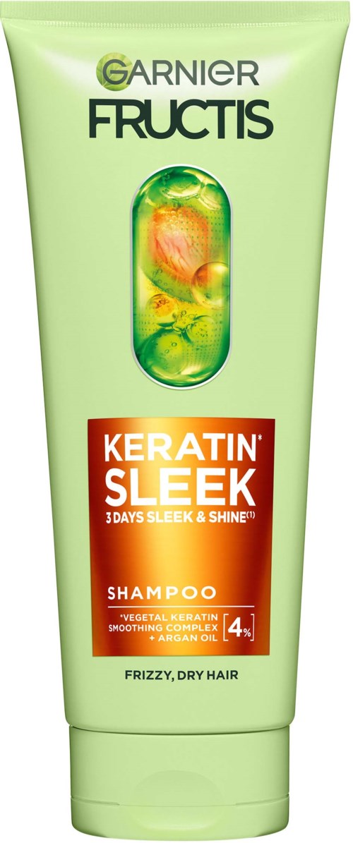 Garnier Fructis Keratin Sleek shampoo karhealle ja kuiville hiuksille, lupaa sileyttä ja kiiltoa kolmessa päivässä.