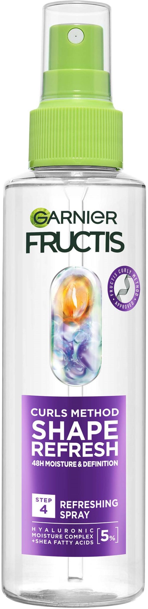 Garnier Fructis sprayfles voor krullen, met groene dop en paarse label, bevordert vorm en vocht.