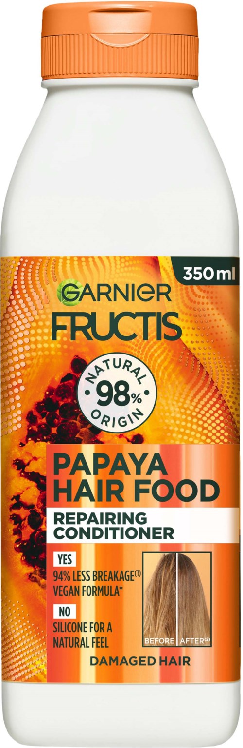 Garnier Fructis Papaya Hair Food herstellende conditioner voor beschadigd haar, 350 ml fles, natuurlijke ingrediënten, veganistisch, zonder siliconen.