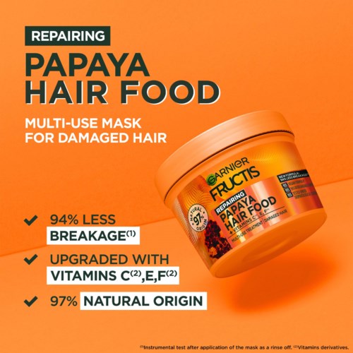 A hair mask product container with orange packaging, featuring claims of repairing and nourishing damaged hair.