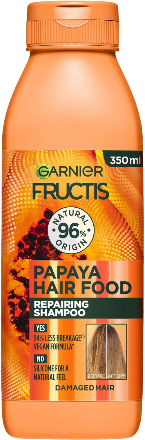 Garnier Fructis Papaya Hair Food Repairing Shampoo in een oranje fles van 350ml met etiket details.