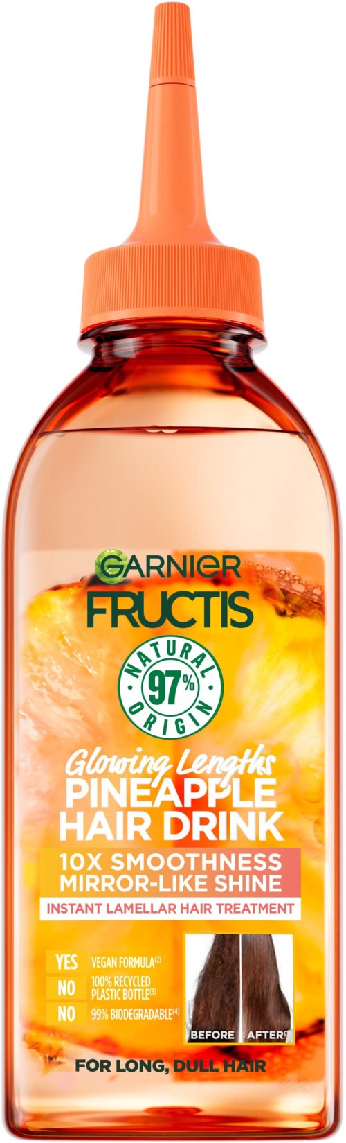Garnier Fructis Ananas Haartrankflasche mit orange Applikator, fördert Glanz und Glätte für langes, glanzloses Haar.