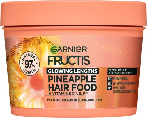 Garnier Fructis Pineapple Hair Food met vitamines, voor lang, dof haar, 97% natuurlijk, veganistisch, biologisch afbreekbaar, getest.
