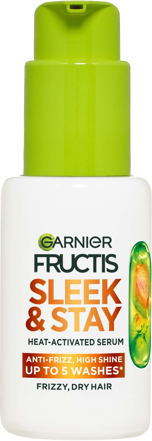 Witte fles met groene dop, label Garnier Fructis Sleek & Stay serum voor kroeshaar en droog haar.
