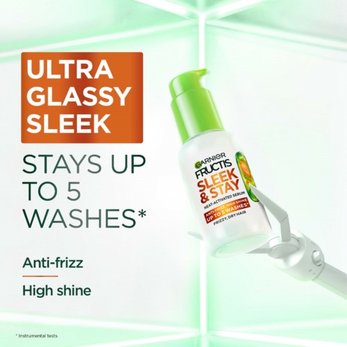 Garnier Fructis Sleek & Stay shampoo belooft tot 5 wasbeurten te blijven zitten, met anti-pluis en hoge glans.