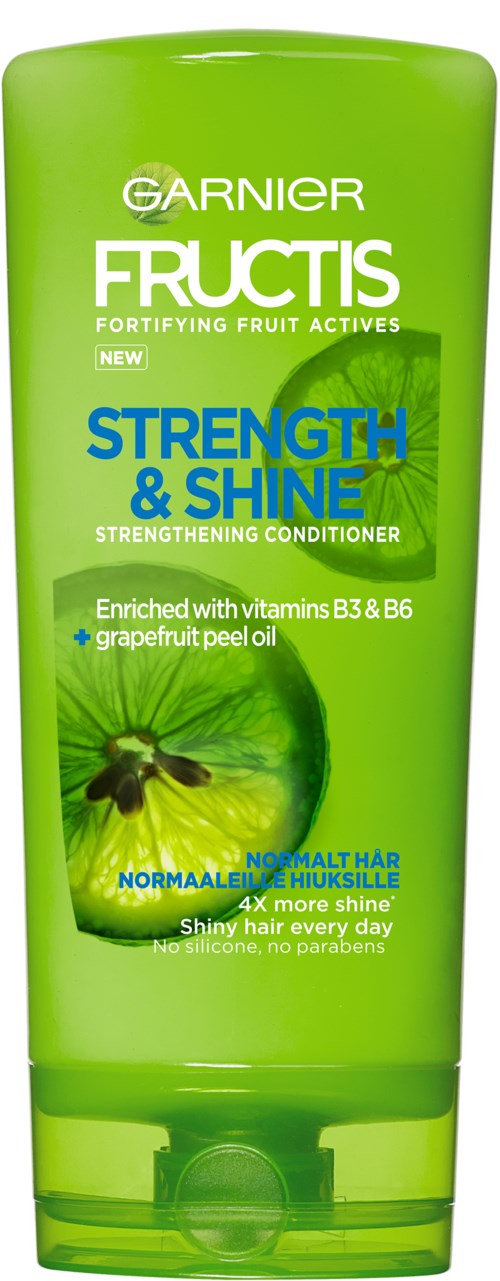 Garnier Fructis Strength & Shine conditioner met fruit, vitaminen en grapefruitolie voor glanzend, gezond haar.