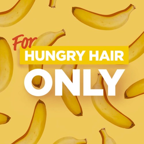 Fed tekst sier: For sultent hår, med gul bakgrunn og bananillustrasjoner.