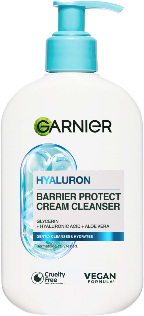 Garnier Hyaluron Barrier Protect cream cleanser bottle with pump, featuring blue and white label.