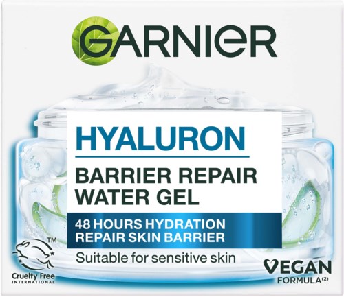 Garnier Hyaluron water gel voor huidherstel, 48 uur hydratatie, geschikt voor gevoelige huid, cruelty-free, veganistisch.