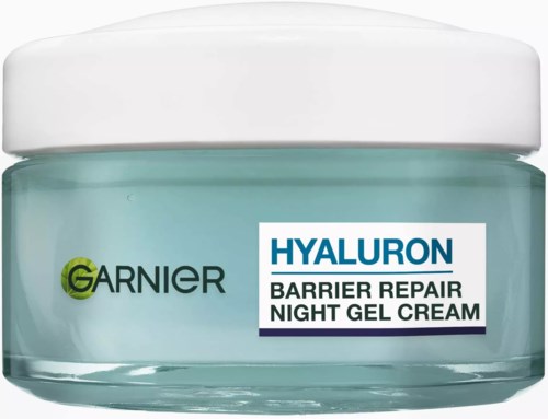 En liten burk Garnier Hyaluron Barrier Repair Night Gel Cream med vit lock och blå etikett.
