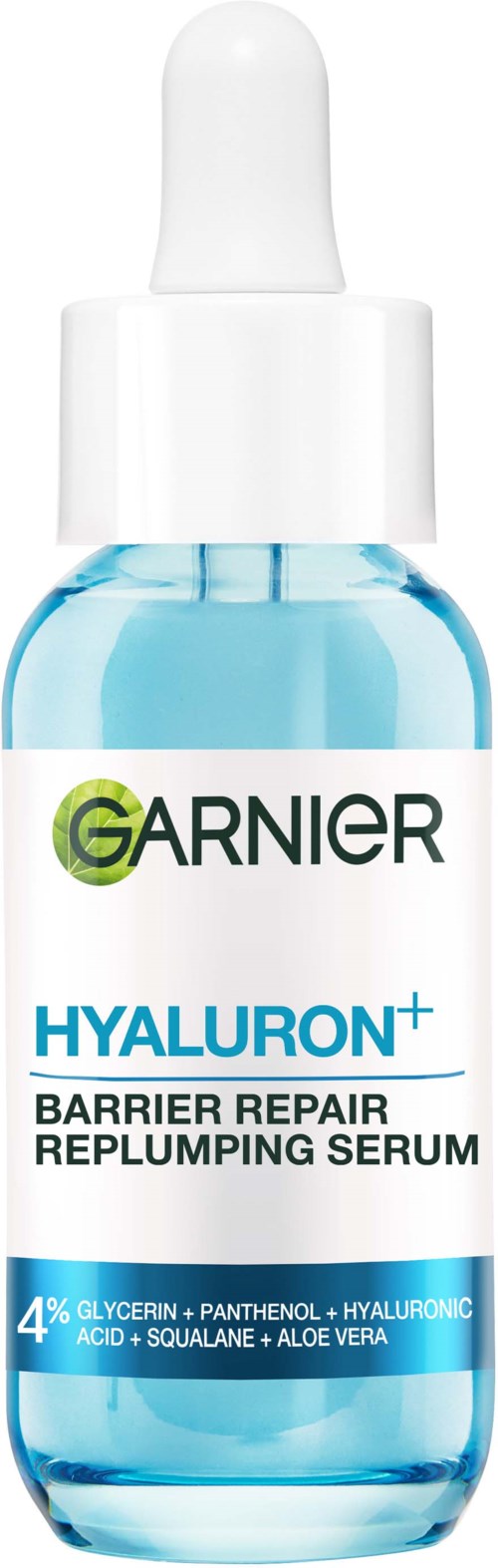 Garnier Hyaluron+ serum in een blauwe fles met druppelaar voor huidherstel.