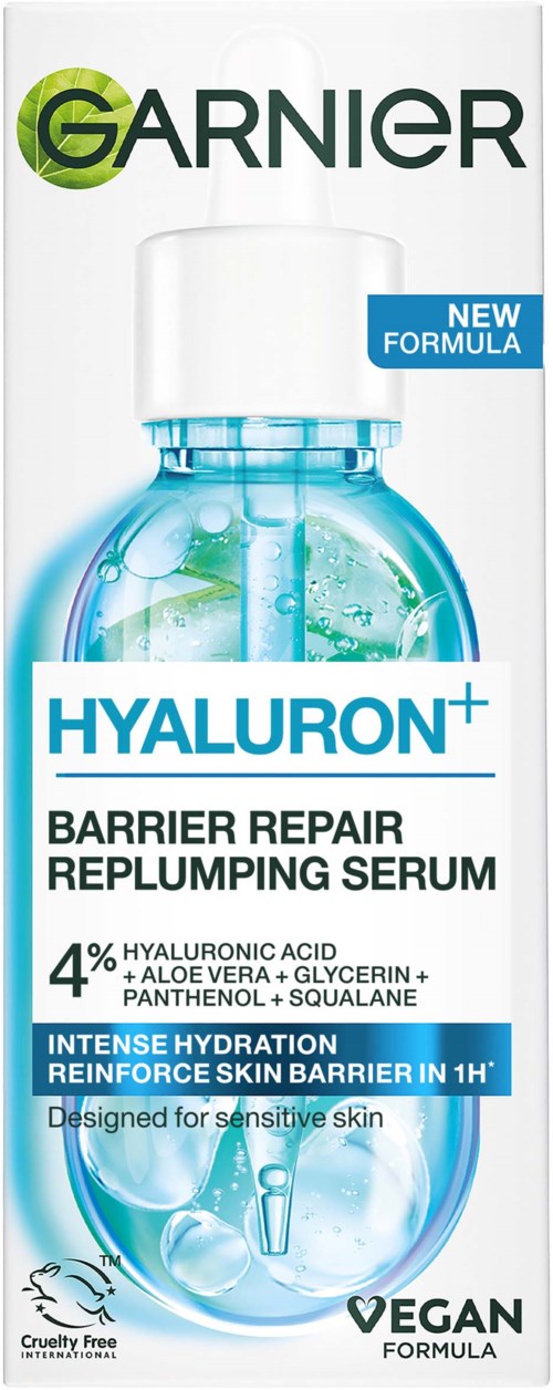 Garnier Hyaluron+ serumfles met blauwe vloeistof, label benadrukt barrièregenezing, hydratatie en vegan formule voor gevoelige huid.