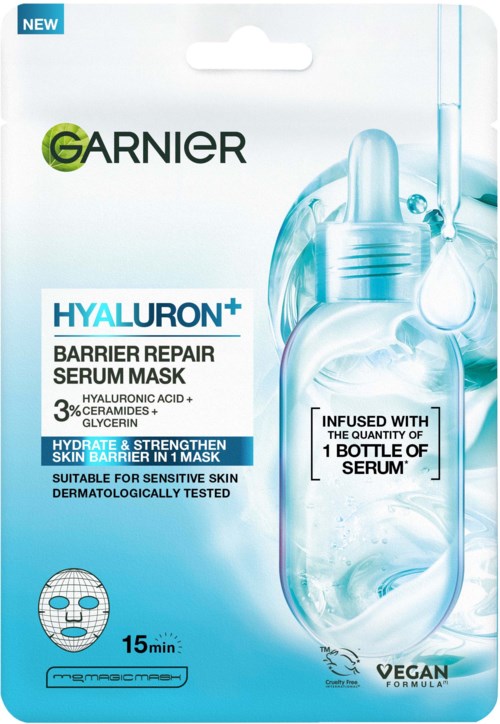 Garnier Hyaluron+ Barrière Herstel Serummasker met 3% hyaluronzuur, ceramiden, glycerine en vegan formule voor gevoelige huid.